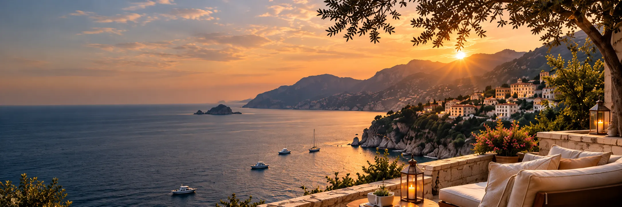 An Amalfi Coast terrace overlooking the Mediterranean at sunset