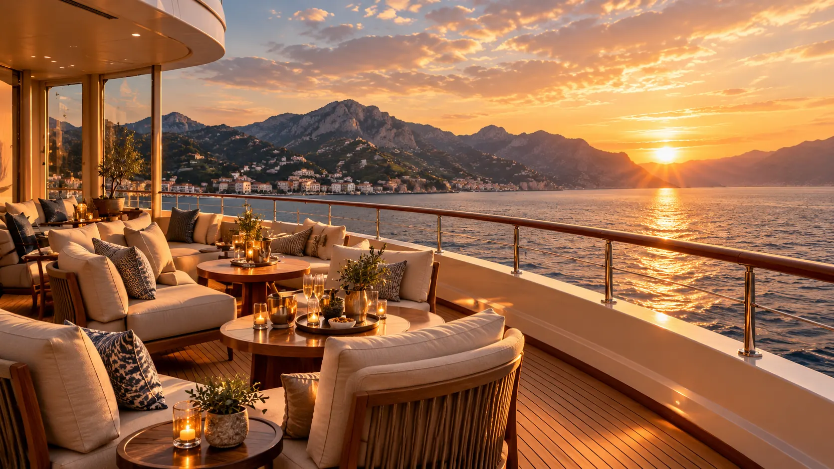 A luxury yacht lounge overlooking the sea at sunset