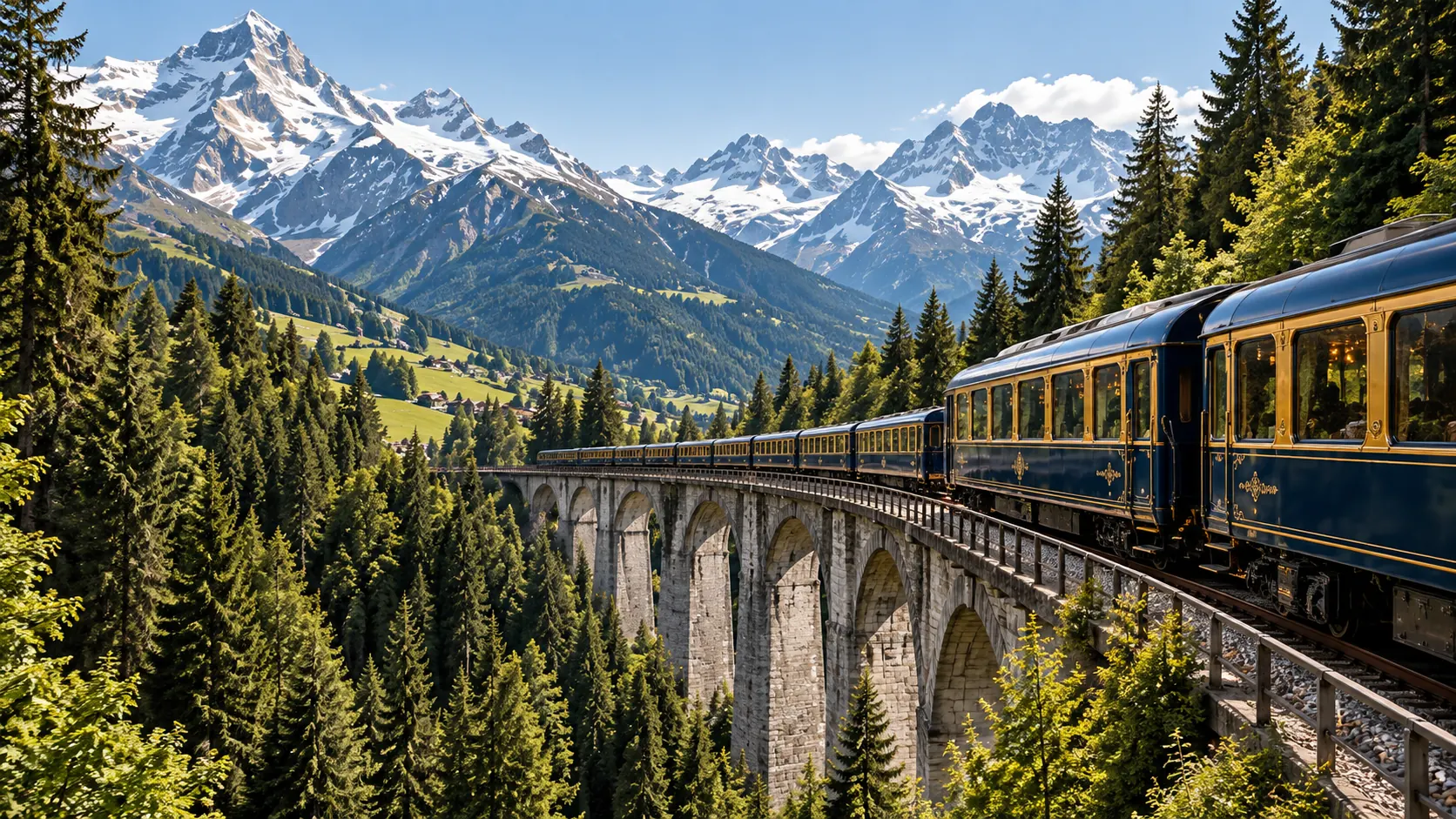 A navy and gold luxury train crossing a viaduct in the Alps